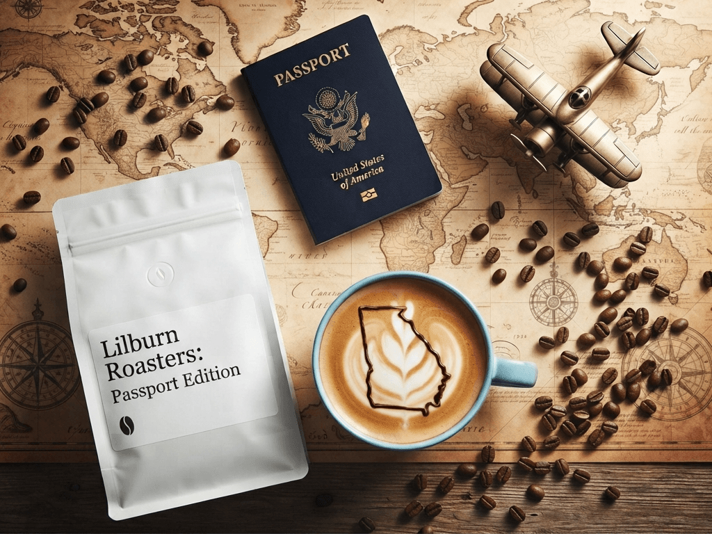 The Passport Club — coffee, a passport, and a vintage world map
